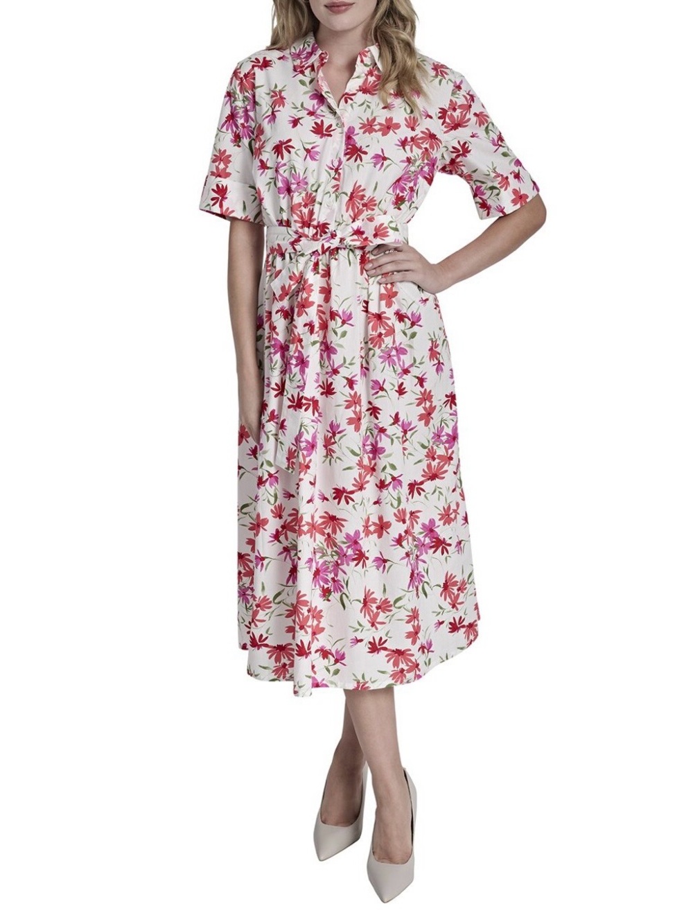 DKNY Floral Tie-Waist Midi Shirt Dress in White and Pink